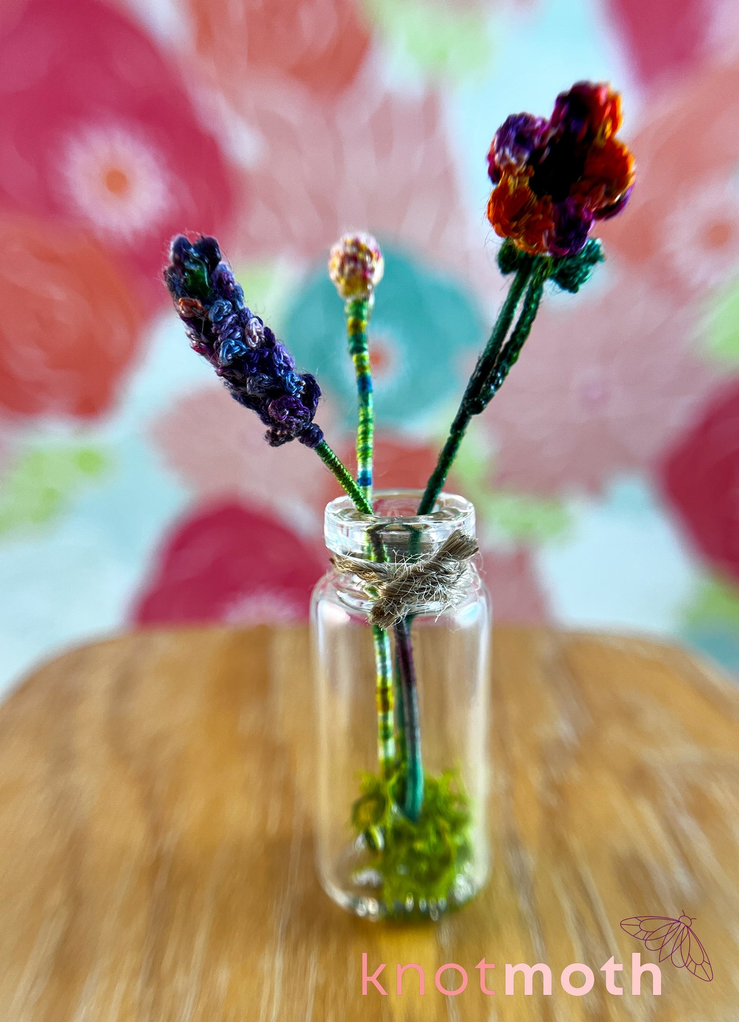 Flower Bouquet with Lavender, Billy Ball, and Poppy Micro Crochet Miniature Trinket Jar
