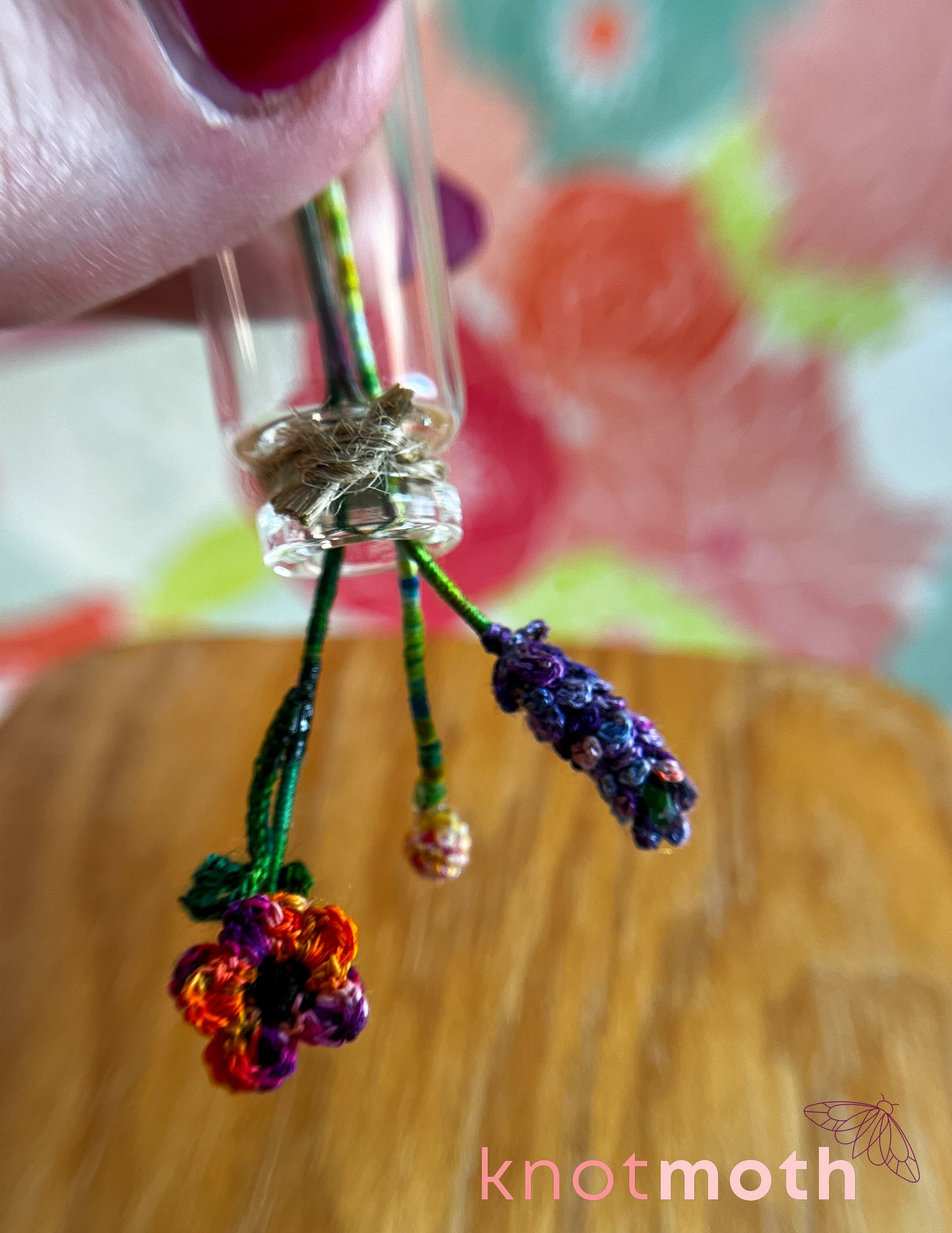 Flower Bouquet with Lavender, Billy Ball, and Poppy Micro Crochet Miniature Trinket Jar