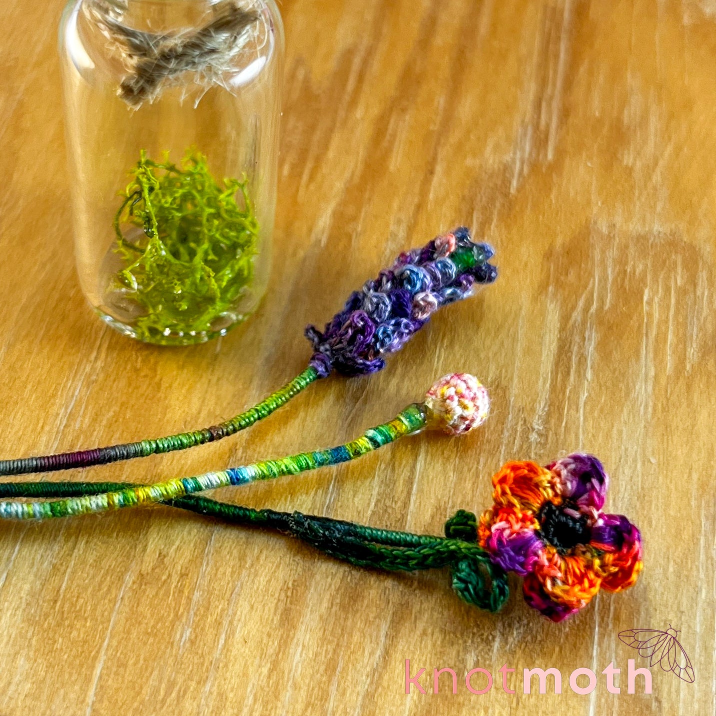 Flower Bouquet with Lavender, Billy Ball, and Poppy Micro Crochet Miniature Trinket Jar