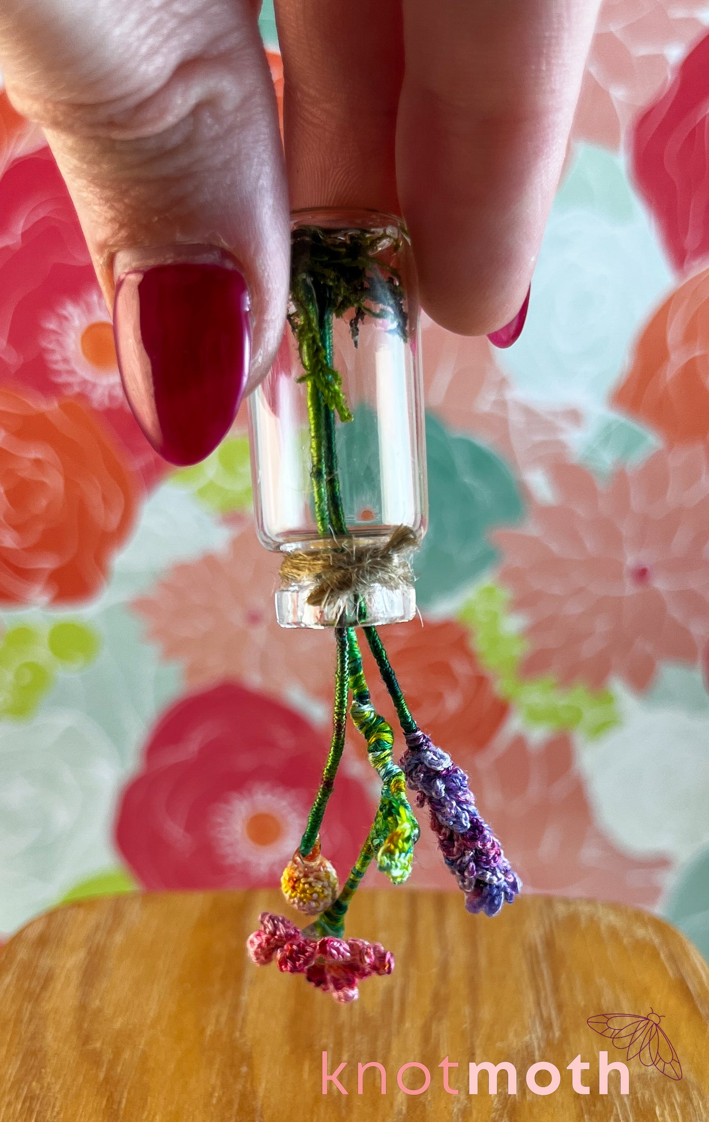 Flower Bouquet with Lavender, Billy Ball, and Gerber Daisy Micro Crochet Miniature Trinket Jar