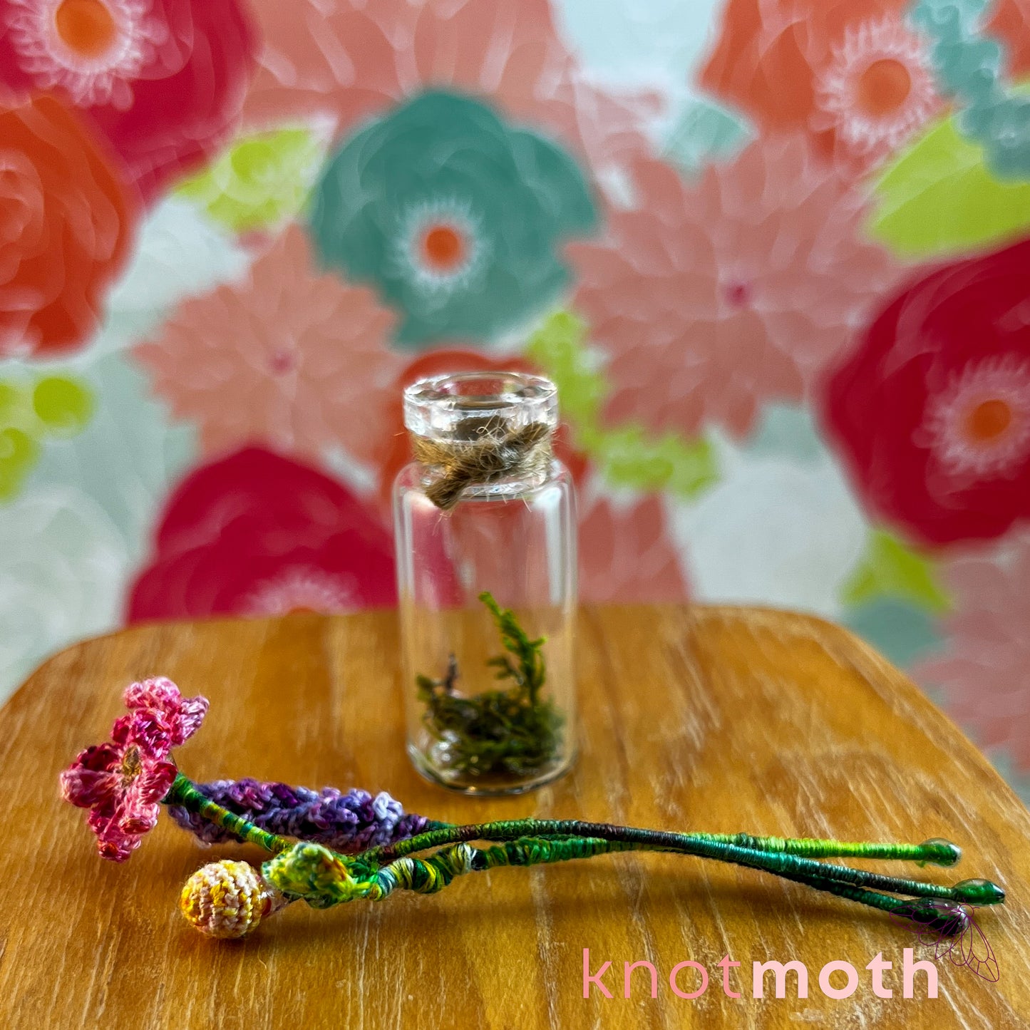 Flower Bouquet with Lavender, Billy Ball, and Gerber Daisy Micro Crochet Miniature Trinket Jar