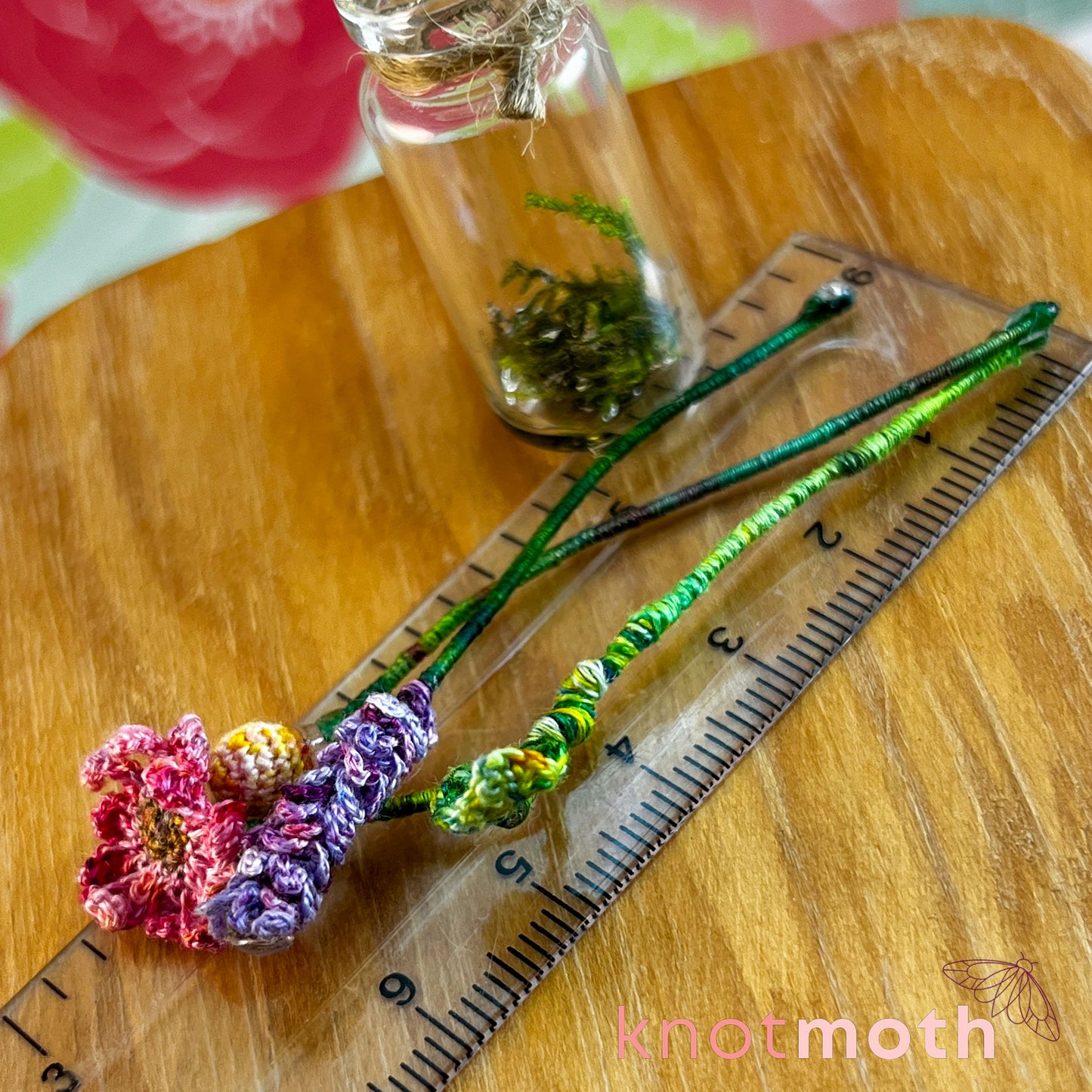 Flower Bouquet with Lavender, Billy Ball, and Gerber Daisy Micro Crochet Miniature Trinket Jar