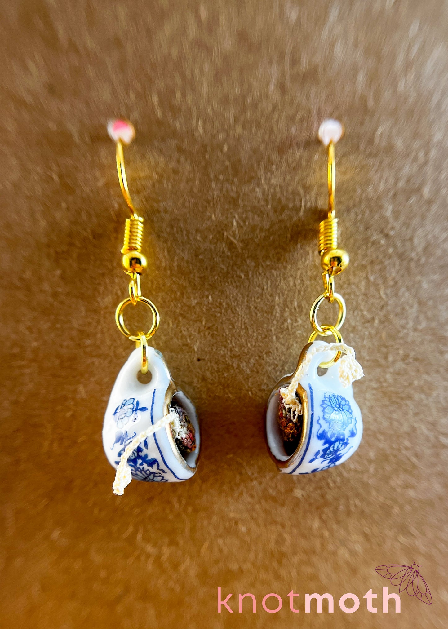 Tea Time Teacup Earrings with Removable Magnetic Micro Crochet Teabags