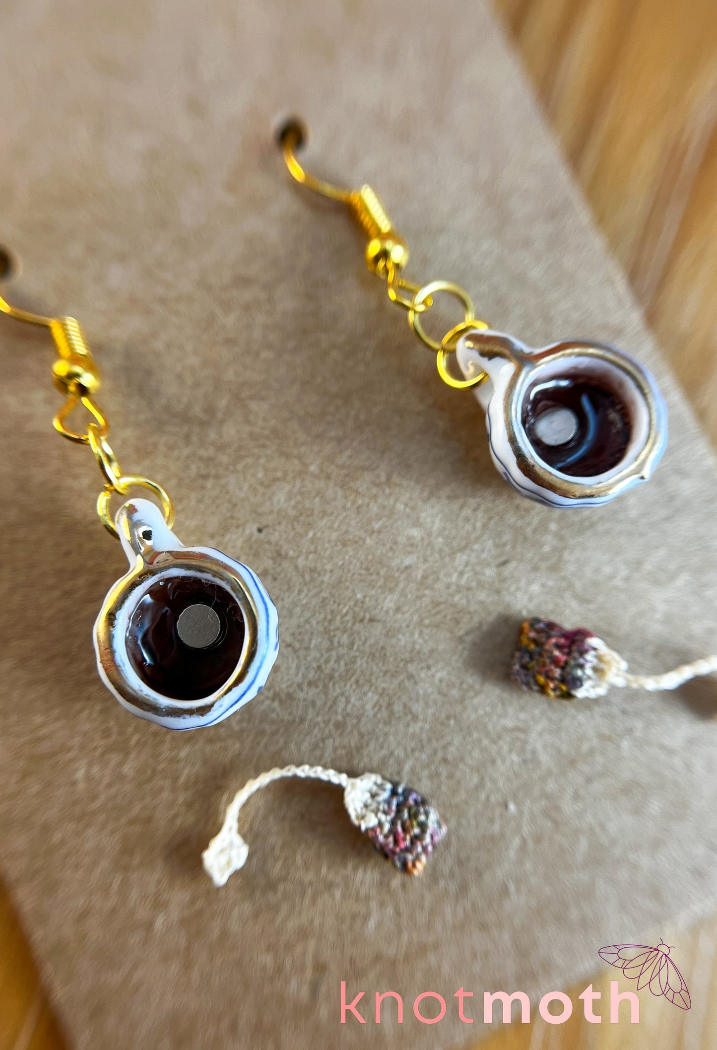 Tea Time Teacup Earrings with Removable Magnetic Micro Crochet Teabags