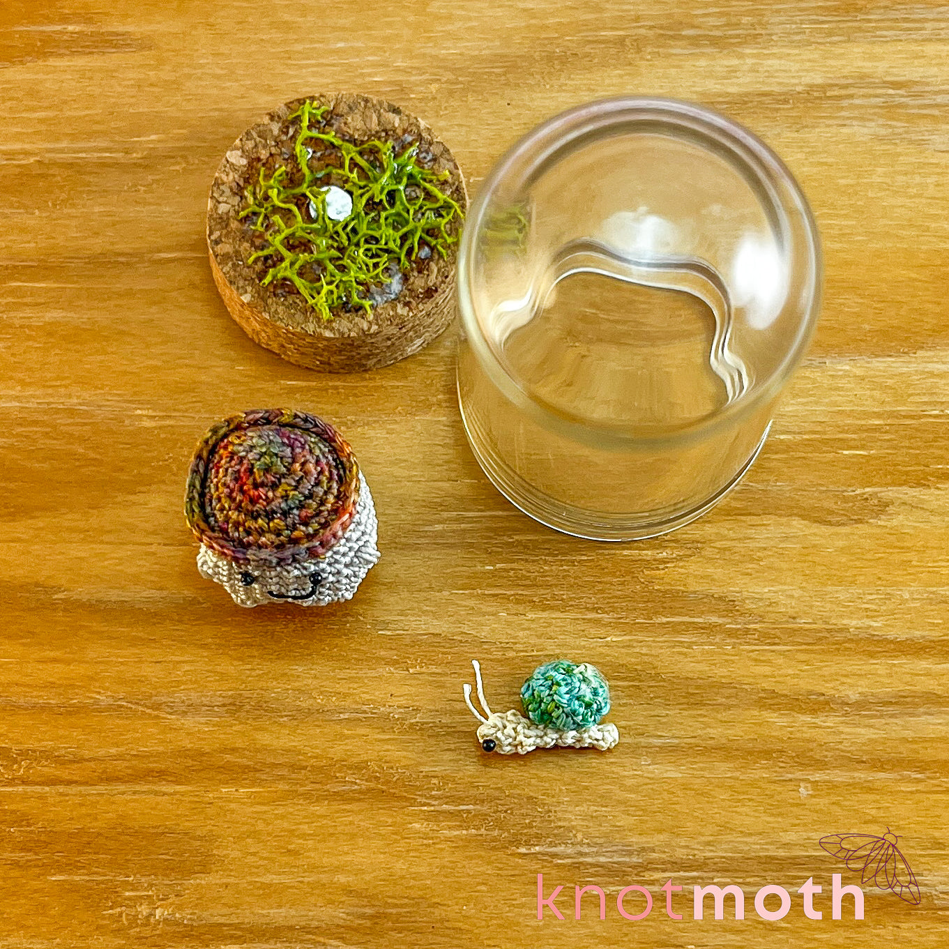 Murphy Mushling and Sutton Snail Micro Crochet Terrarium Jar (removable, magnetic)
