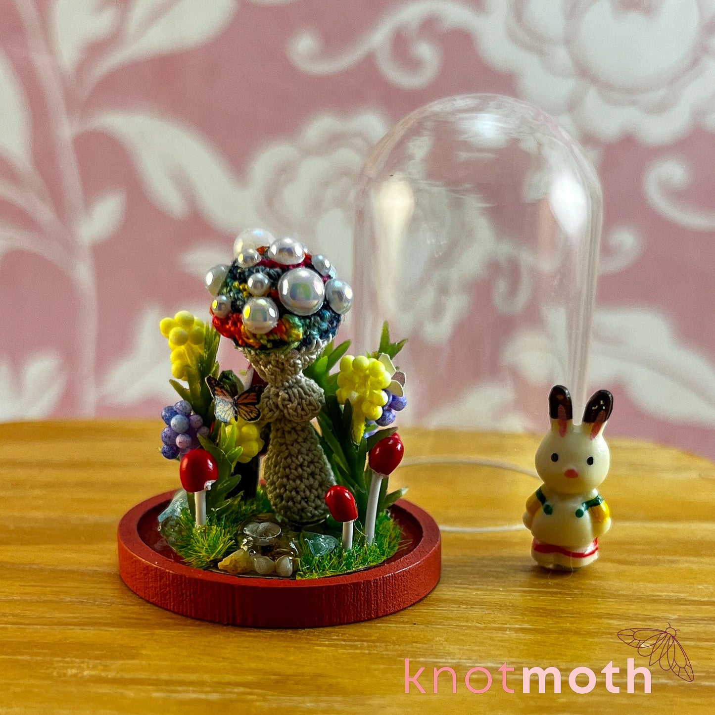 Maya Mushroom and Brock Bunny Micro Crochet Terrarium Jar Handmade Scene (removable, magnetic)
