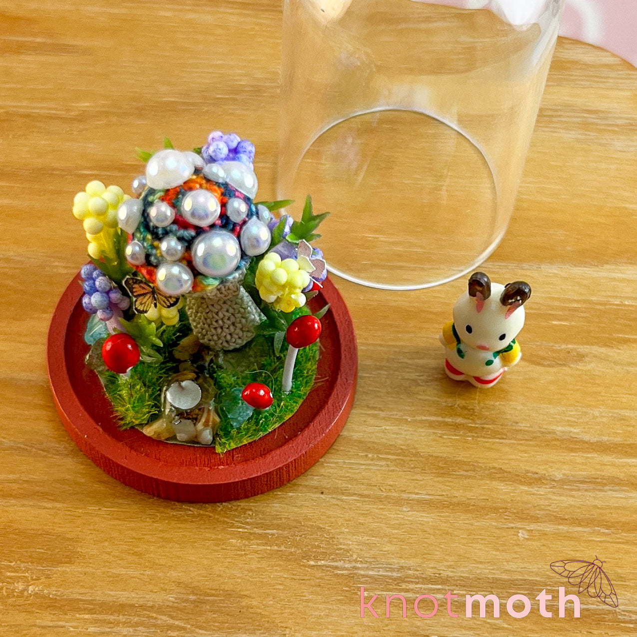 Maya Mushroom and Brock Bunny Micro Crochet Terrarium Jar Handmade Scene (removable, magnetic)