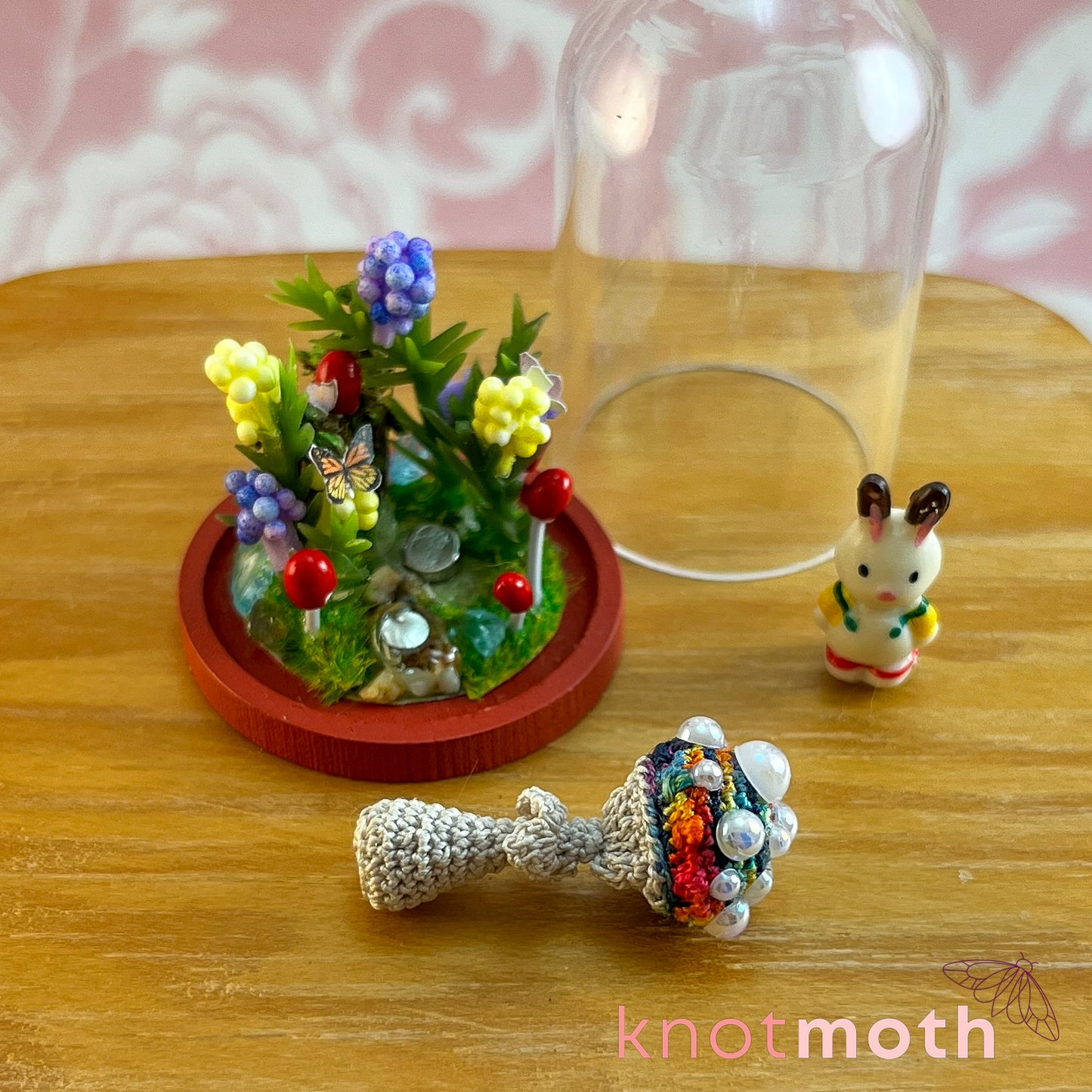 Maya Mushroom and Brock Bunny Micro Crochet Terrarium Jar Handmade Scene (removable, magnetic)