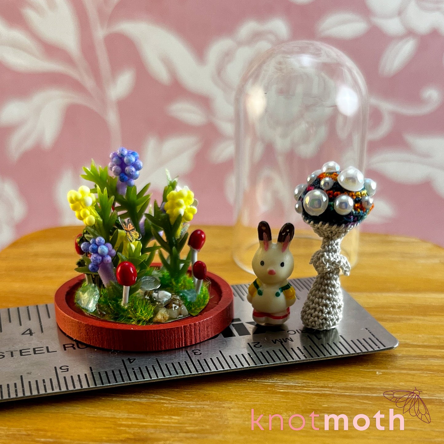 Maya Mushroom and Brock Bunny Micro Crochet Terrarium Jar Handmade Scene (removable, magnetic)