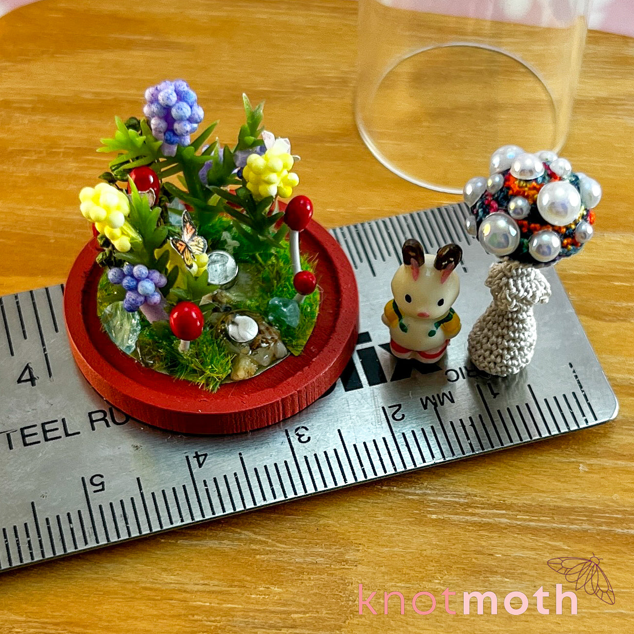 Maya Mushroom and Brock Bunny Micro Crochet Terrarium Jar Handmade Scene (removable, magnetic)