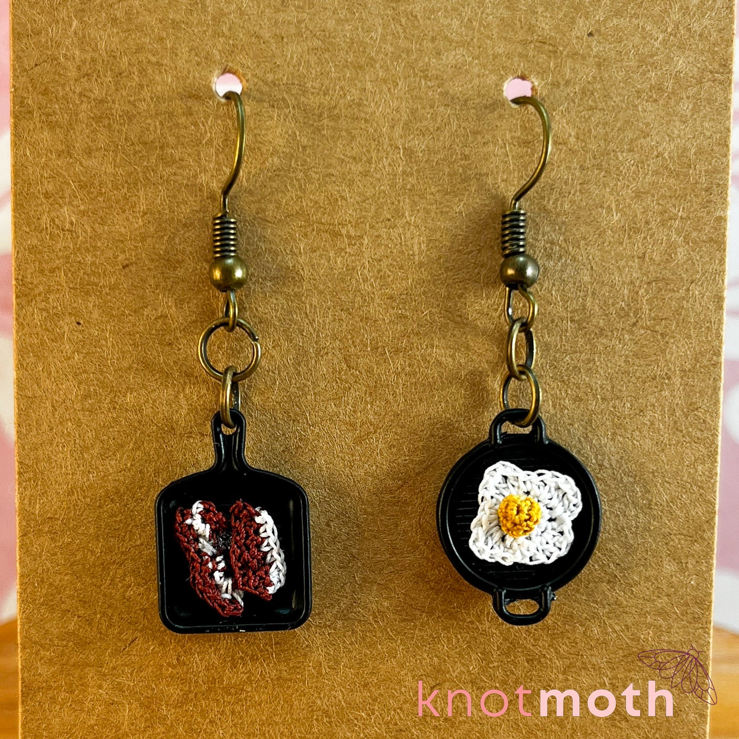 Eggs & Bacon in Miniature Frying Pans Micro Crochet Miniature Breakfast Earrings
