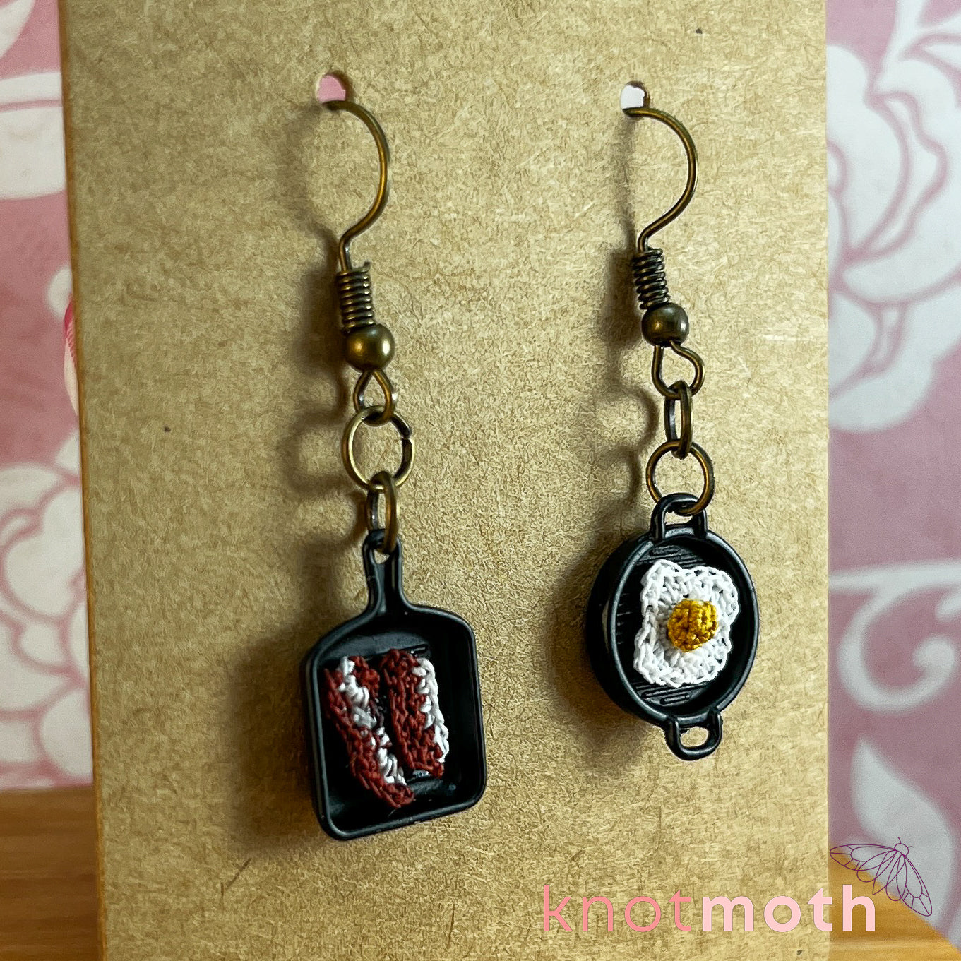 Eggs & Bacon in Miniature Frying Pans Micro Crochet Miniature Breakfast Earrings