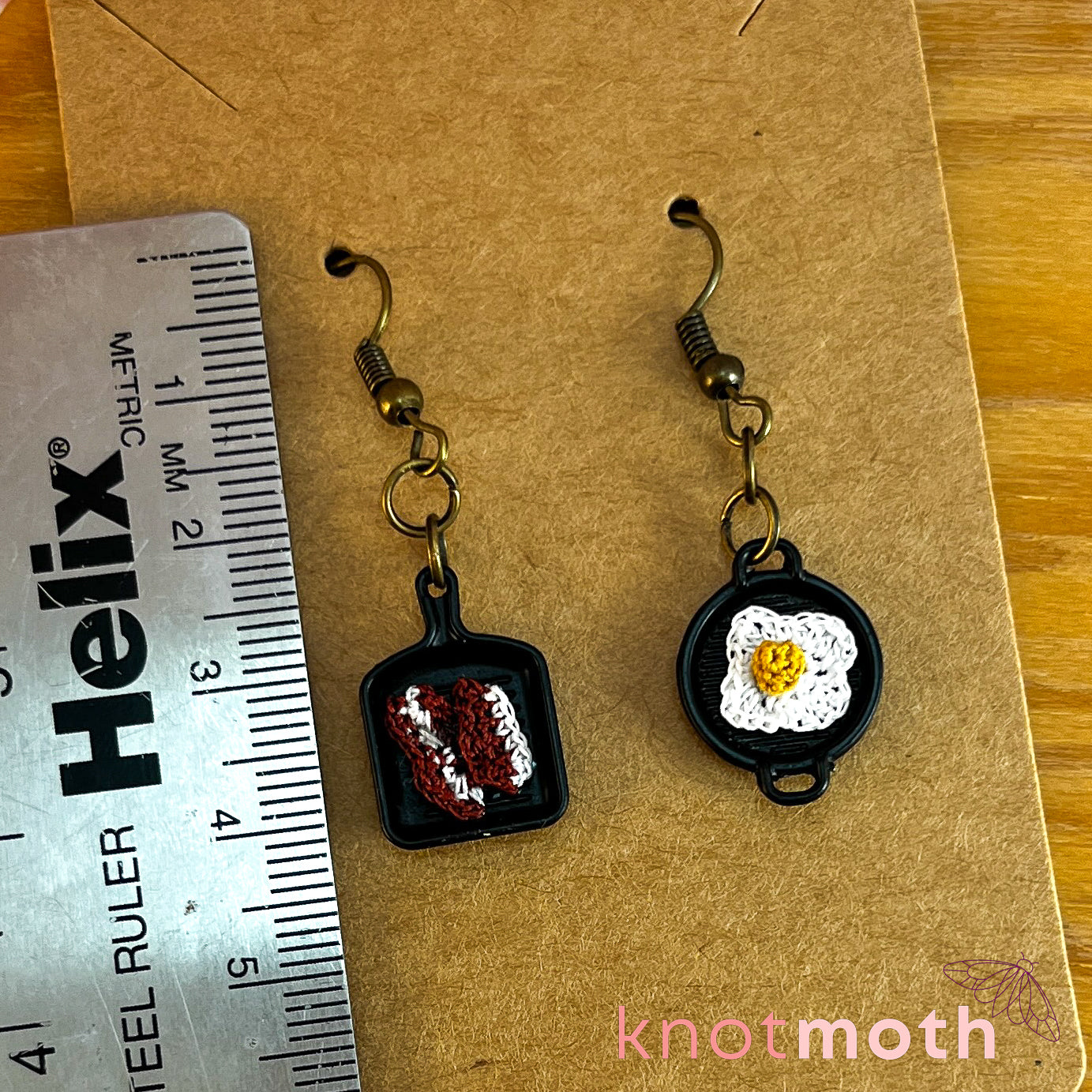 Eggs & Bacon in Miniature Frying Pans Micro Crochet Miniature Breakfast Earrings