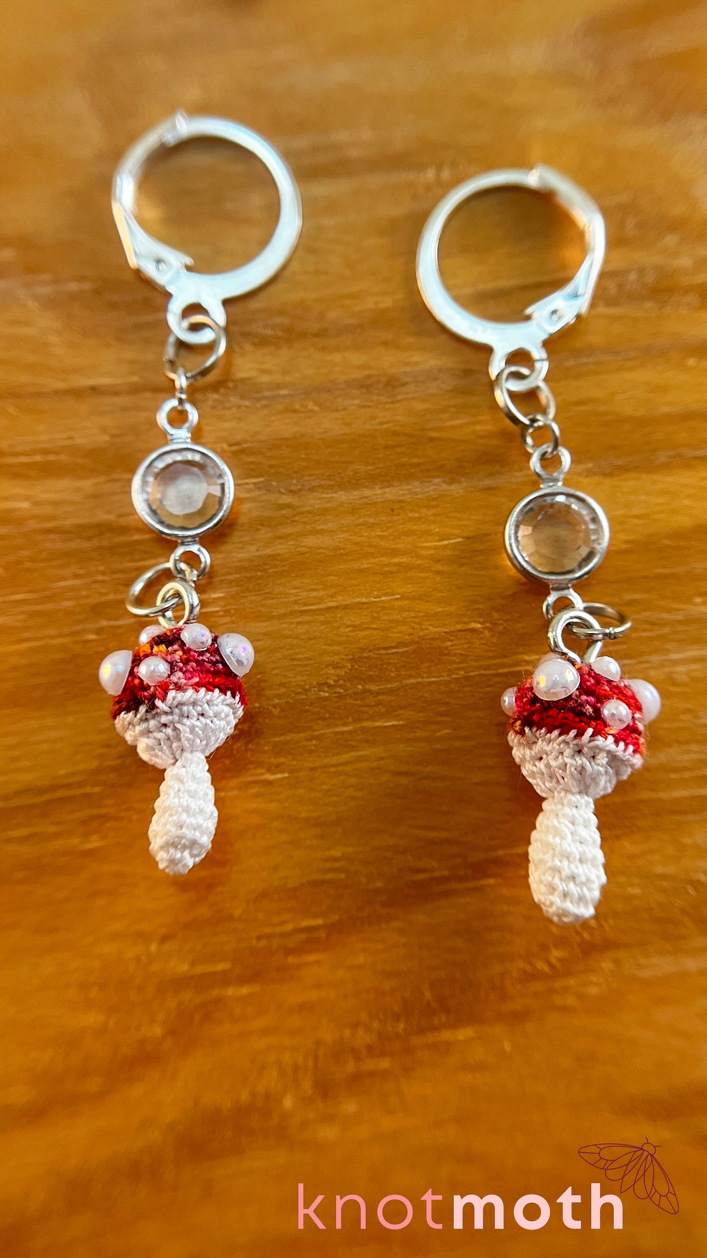 Mushroom Micro Crochet Earrings with Crystal Connector
