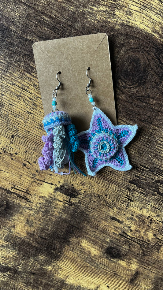 Sea Life Mismatched Micro Crochet Earrings