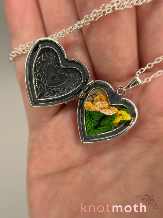 Iris (passion, joy) floriography micro-crochet locket