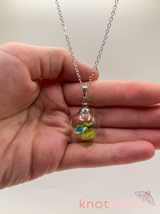 creeping speedwell & femur bone micro crochet mini globe necklace