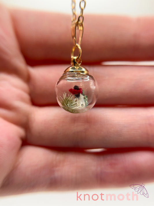 poppy flower & vertebra bone micro crochet mini globe necklace