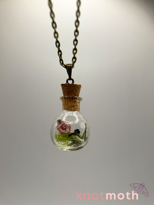 rose & humerus bone micro crochet mini jar necklace