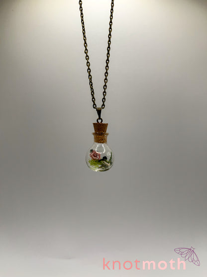 rose & humerus bone micro crochet mini jar necklace