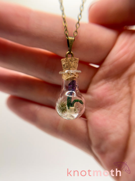 lavender & vertebra bone micro crochet mini jar necklace