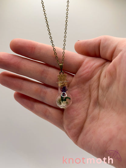 lavender & vertebra bone micro crochet mini jar necklace