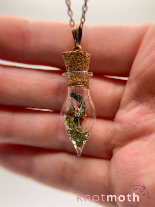 nasturtium & hip bone micro crochet mini jar necklace