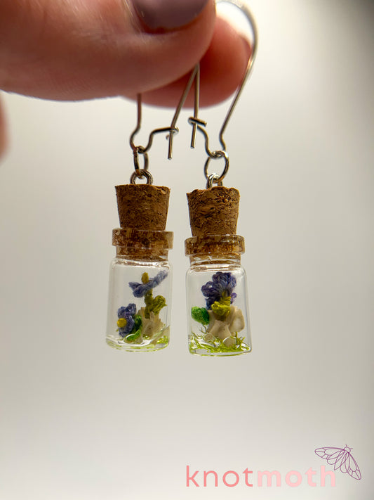 forget-me-not & vertebra bone micro crochet mini jar earrings
