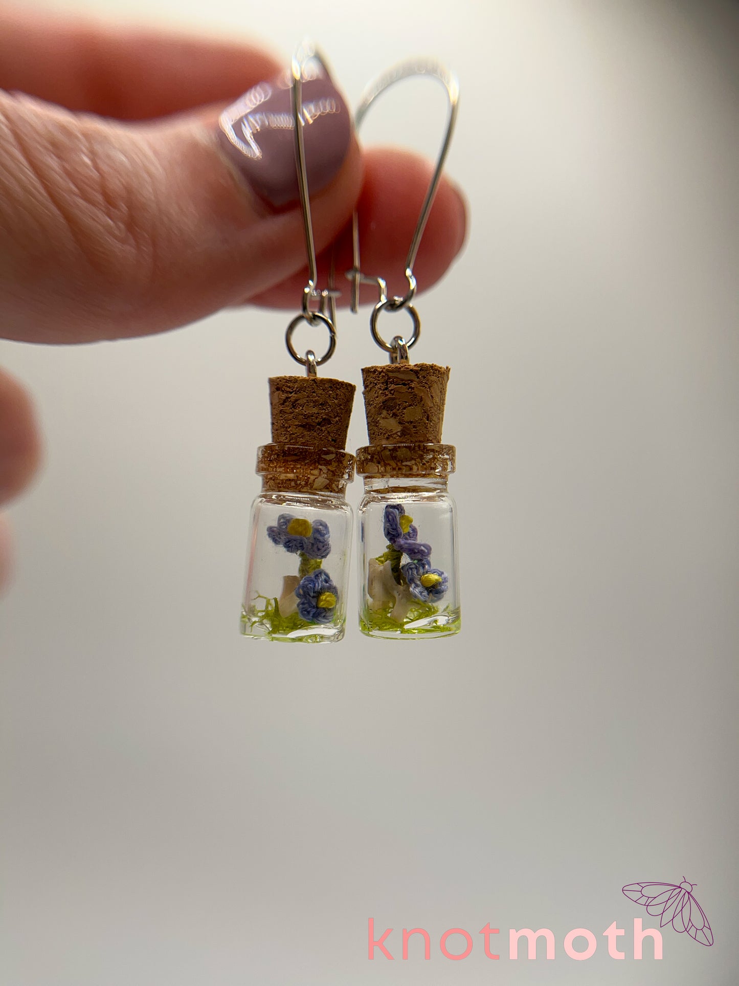 forget-me-not & vertebra bone micro crochet mini jar earrings