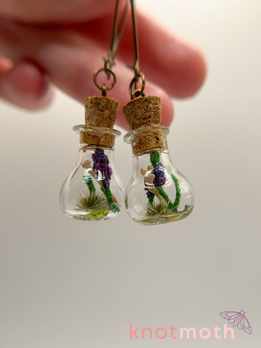 gladiolus & femur bone micro crochet mini jar earrings