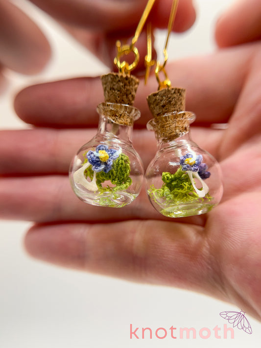 forget-me-not & hip bone micro crochet mini jar earrings