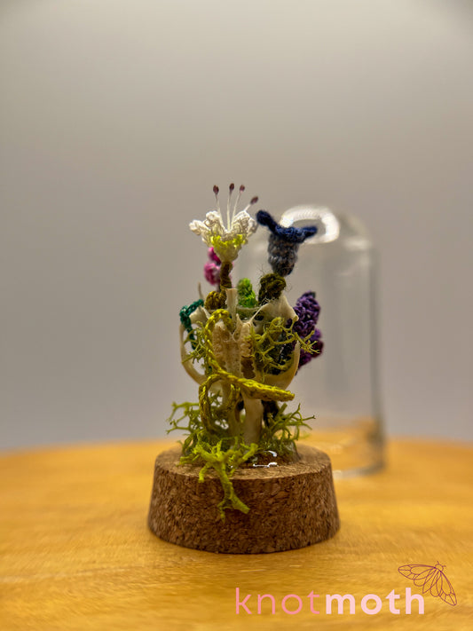 wildflowers, lily, and lavender skull micro crochet cloche jar