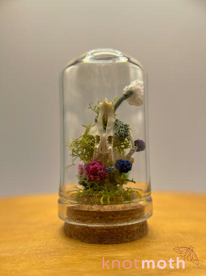 orchid & mushrooms skull micro crochet cloche jar