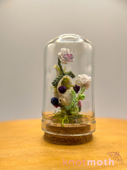 orchid & mushrooms skull micro crochet cloche jar
