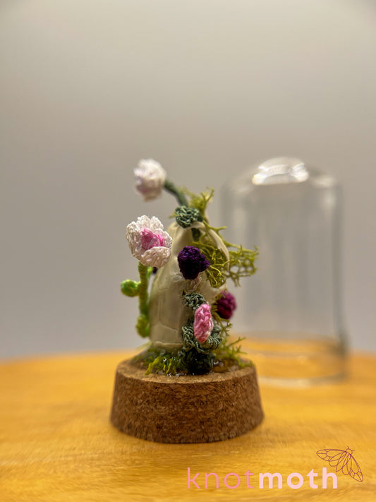 orchid & mushrooms skull micro crochet cloche jar