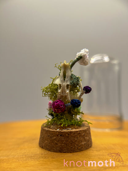 orchid & mushrooms skull micro crochet cloche jar