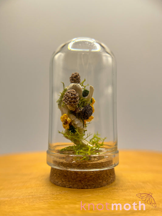 sunflower & mushrooms with jawbone micro crochet cloche jar