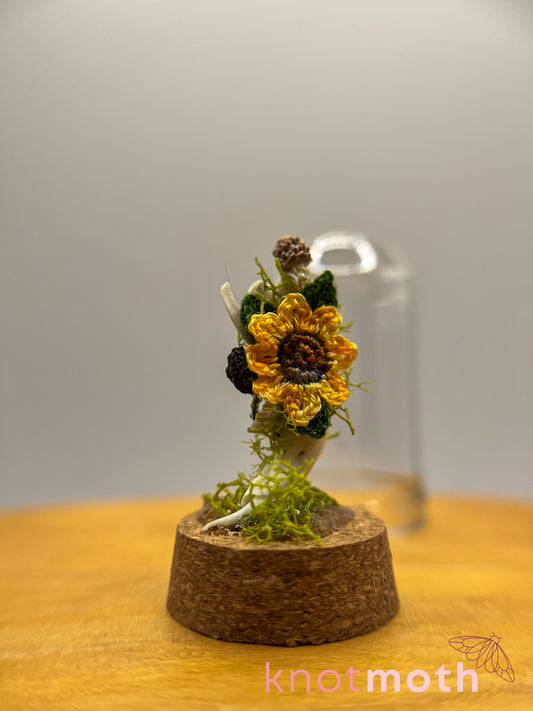 sunflower & mushrooms with jawbone micro crochet cloche jar
