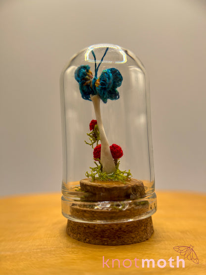 mushrooms & butterfly with long bone micro crochet cloche jar