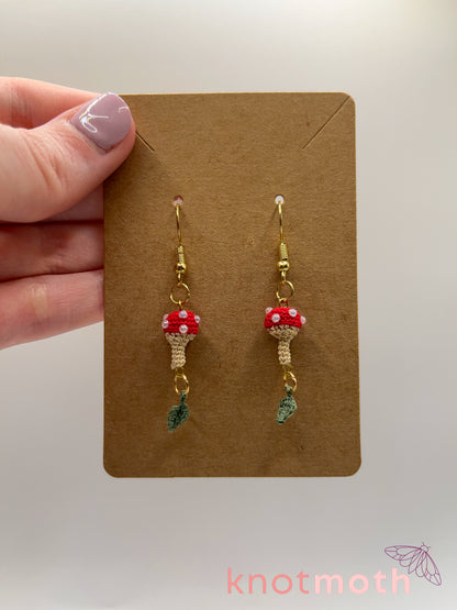 mushroom & leaf micro crochet earrings