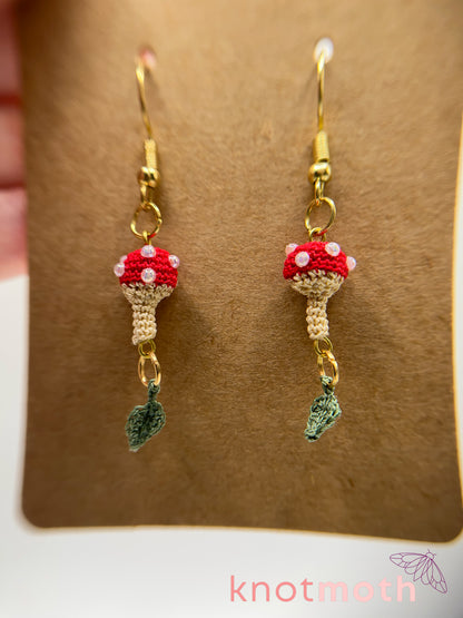 mushroom & leaf micro crochet earrings