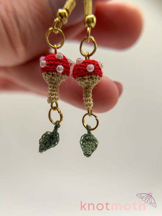 mushroom & leaf micro crochet earrings