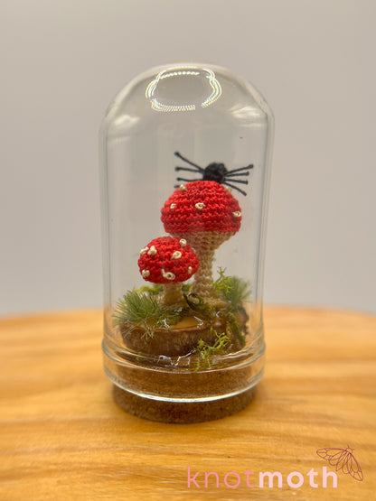 samara spider & mushrooms micro crochet cloche jar