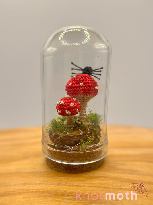 samara spider & mushrooms micro crochet cloche jar