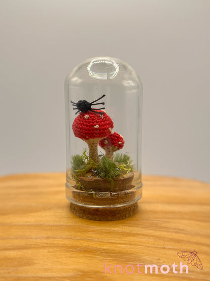 samara spider & mushrooms micro crochet cloche jar