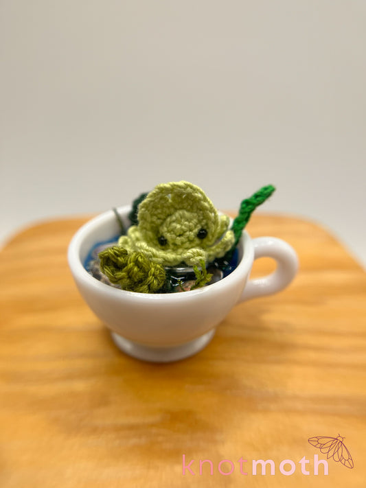 sage squid micro crochet teacup trinket