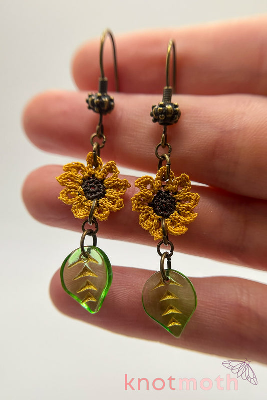 sunflower & leaf dangle earrings