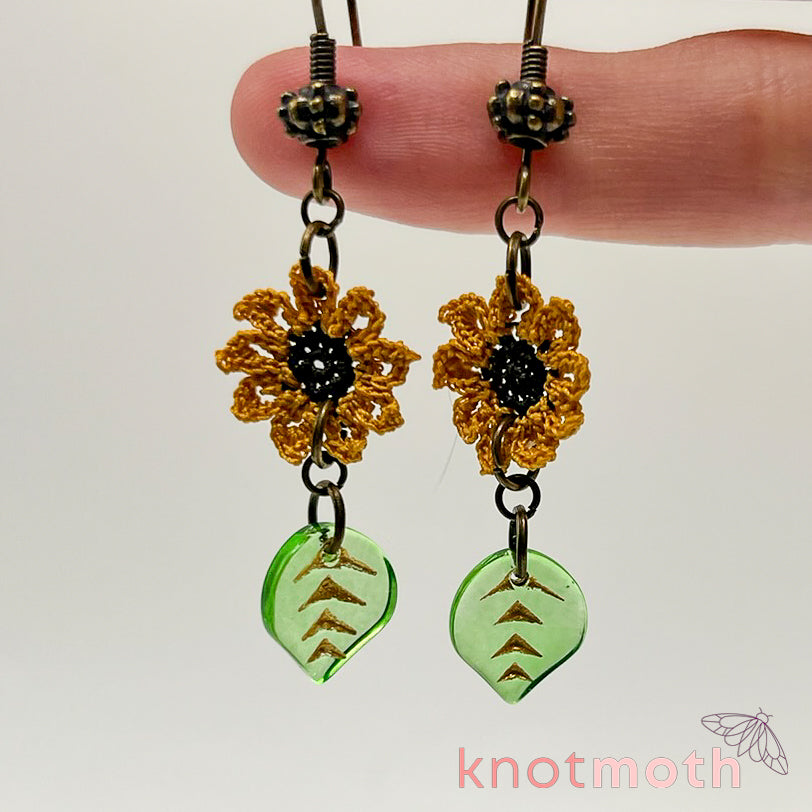 sunflower & leaf dangle earrings