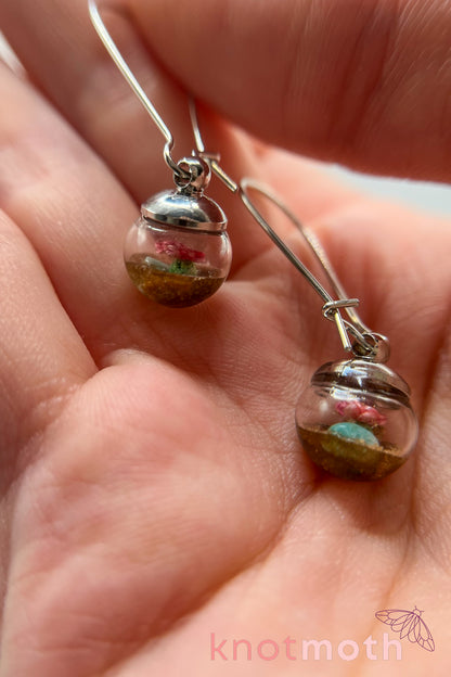 Desert Cacti with Flower Micro Crochet Globe Dangle Earrings