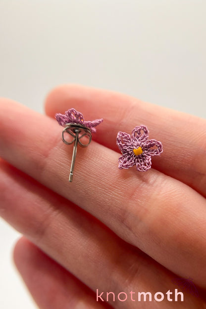 Purple and Yellow Flower Micro Crochet Stud Earrings